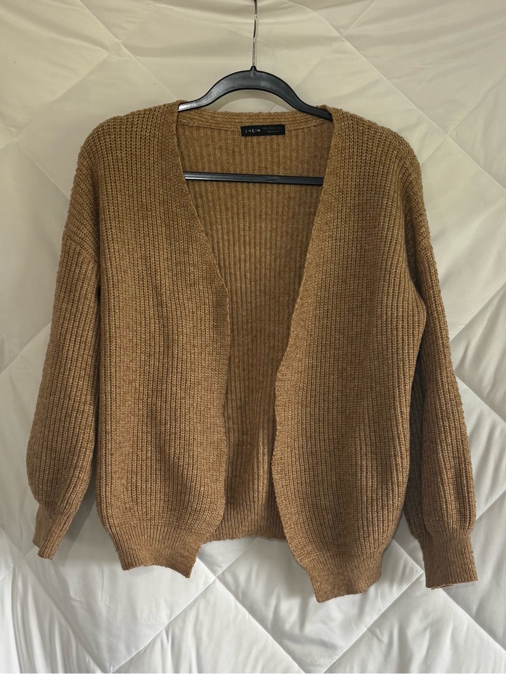SHEIN Brown Open-Front Ribbed Knit Cardigan